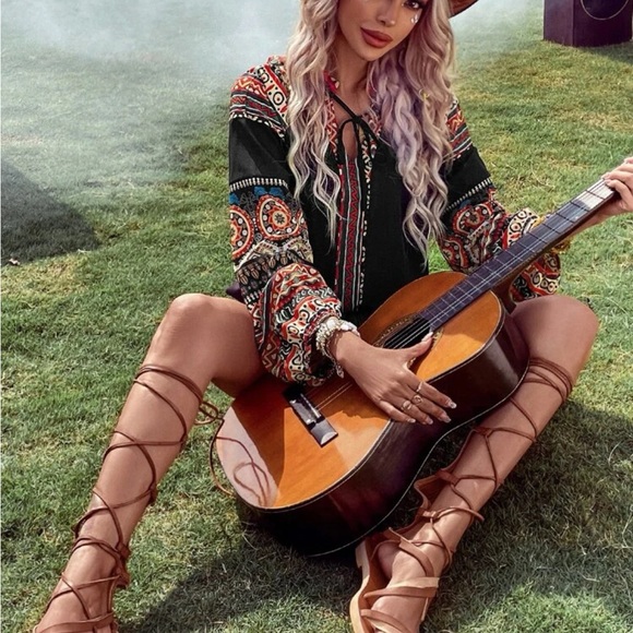 Boho Tribal Paisley Print Long Sleeve Top Blouse Shirt Black - Picture 6 of 6